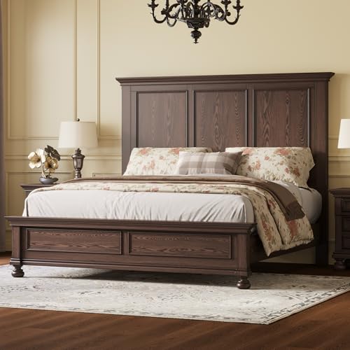 AMERLIFE Solid Wood King Bed Frame with 65.2" High Headboard, Traditional Platform Bed with Heavy Duty Slats, No Box Spring Needed, Easy Assembly, Dark Brown