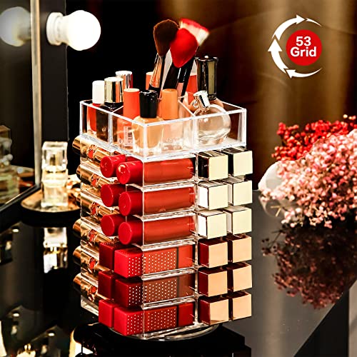 Acrylic Lipstick Tower Holder, FODIENS 360 Degree Rotating Makeup Cosmetic Lipsticks Organizer with 53 Slots, Spinning Lipgloss Storage Display Stand Holder