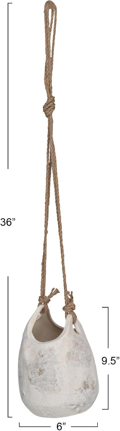 Creative Co-Op Hanging Stoneware Planter with Jute Rope Hanger and Distressed Volcano Finish, White