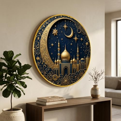 Image of SAF Islamic Mosque Crescent Moon Round Wall Painting with Premium PVC Golden Frame, Blue Gold Starry Night Arabic Art for Prayer Room Living Room Decor (16 x 16 Inch) GRM-436