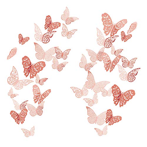 YUE QIN 36 pièces3D Papillons Papiers Décoration， Décorations de Papillons Rose Or, Paillette Métallique d'Art, pourdécoration de Maison et de Pièce, Stickers Muraux, Décor de fête