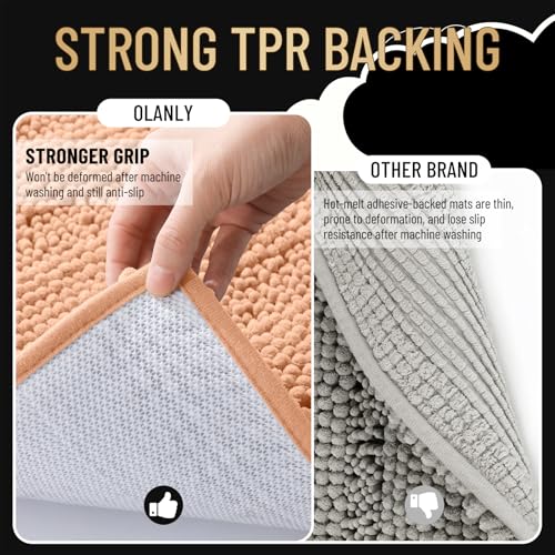 Image of OLANLY Thick Small Bathroom Rugs 24x16, Extra Soft Absorbent Chenille Striped Bath Rugs, Rubber Backing, Machine Wash, Bath Mats for Bathroom Floor, Tub and Shower, Home Decor Accessories, Peach