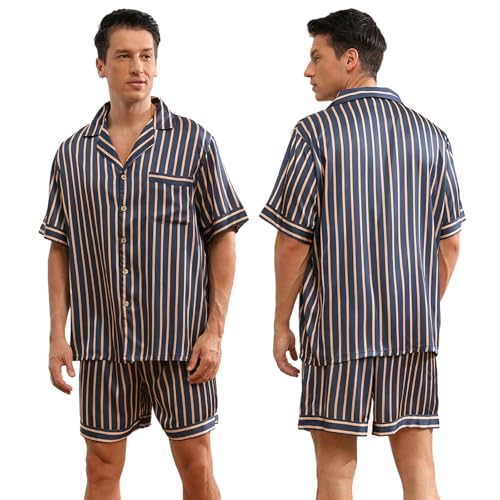 Men's Silk Satin Pajama Sets,Button-Down Loungewear,V-Neck Mens Pj Sets with Pocket M-XXL - Main Image