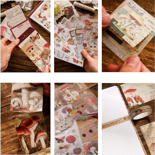 Image of The AutoStory Cottagecore Scrapbook Kit A6 Junk Journal Notebook Stickers Rustic Collage Paper Washi Tape DIY Craft Art Diary Planner Decor Gift for Teens Girls (Mushroom in the Wind, Brown)