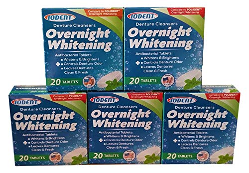 Iodent Detergenti per protesi, sbiancamento notturno (confezione da 5 – 100 totali), anche per la pulizia di fermi, paradenti ecc