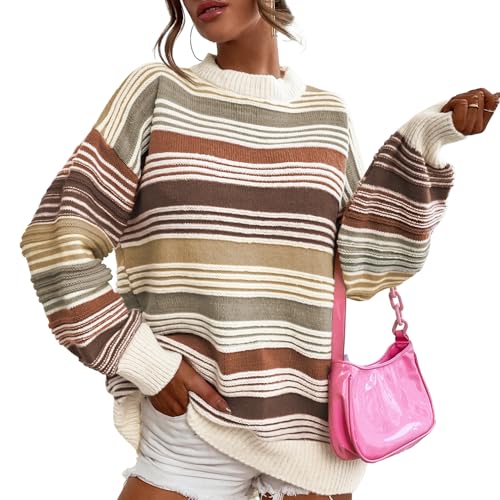 Womens Striped Pullover Sweater Contrast Cable Knit Sweaters Casual Oversized Loose Fall Winter Outwear Tops