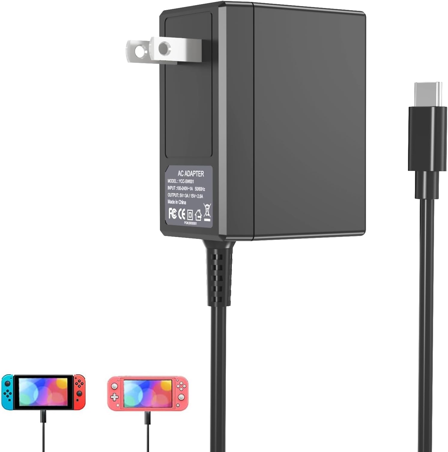 VGAME Switch Charger for Nintendo Switch/Switch OLED/Switch Lite - Fully Charged AC Power Supply Within 2.5H with 5FT USB C Cable, Compatible Android Phone and Switch Dock (Black)