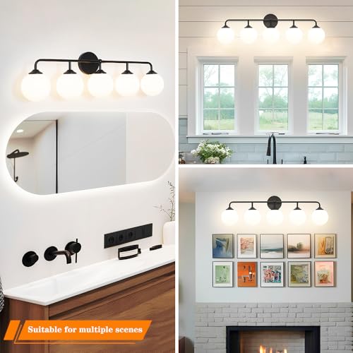 Image of Modern Matte Black 5-Lights Bathroom Vanity Light, Lighting Fixtures Over Mirror with Milky White Glass Ball Shades, Wall Sconces for Bathroom Dressing Table Bedroom