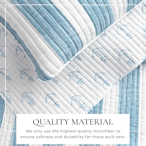 Image of Great Bay Home Full /Queen Coastal Quilt Bedding Set, Summer Coastal Quilt with Shams, Beach 3-Piece Reversible All Season Bedspread Quilt Set. Lightweight Nautical Quilted Coverlet. Blue.