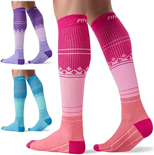 FITRELL 3 Pairs Compression Socks for Women and Men 15-20mmHg- Support Socks for Travel, Running, Nurse, Medical Pink+Purple+Blue S/M