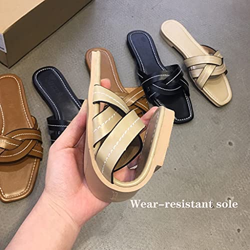 Womens Square Open Toe Flat Slipper Flip Flops Sandals Women Summer Sandals Slippers Open Weave Flats Slip On Cute Sandals For Women Casual Summer Vacation Essentials ( Color : Brown , Size : EUR38 )3