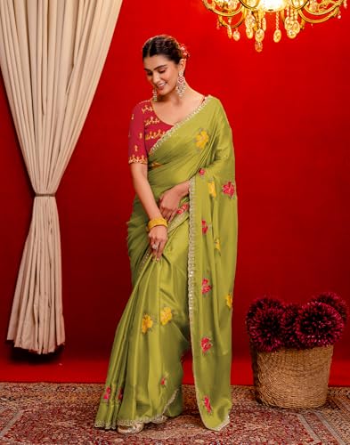 Image of SIRIL Women's Embroidery, Mirror Work, Scalloped Border Shimmer Georgette Saree With Unstitched Blouse Piece