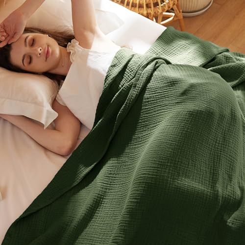 Bedsure 100% Cotton Muslin Throw Blanket Twin XL for Bed - 4-Layer Breathable and Lightweight Thin Soft Summer Gauze Muslin Blankets for Adults, Olive Green, 66x90 Inches