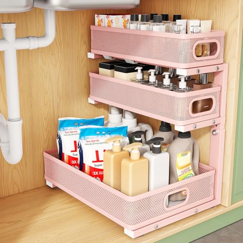 Image of Kitstorack Under Sink Organizer, 1-Pack 3-Tier Height Adjustable Thickened Metal Pull out Cabinet Organizer Shelf, Slide out Storage Drawer Rack for Bathroom Kitchen Pantry Home Organization, Pink