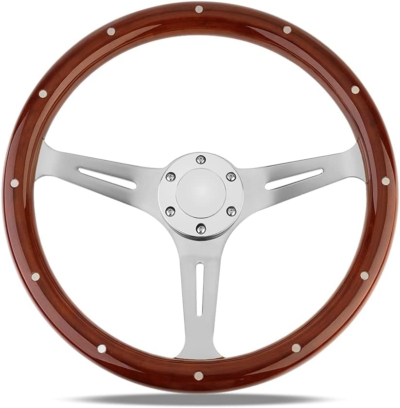 15" Classic Wood Grain Steering Wheel Riveted Light Wooden Grip Universal Car Racing Wood Steering Wheels Slotted 3 Spoke with Horn button wooden-03