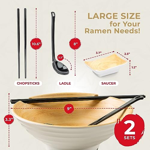 Cuffie Chef - Large Ramen Bowl Set, 2 Ramen Bowl With Chopsticks, Soup Spoons & Saucers, Japanese-Style Ramen Noodle Bowl, Sleek Ramen Bowls, Noodle Bowl For Udon, Pho, Soups & More, Creamy White #TOP2