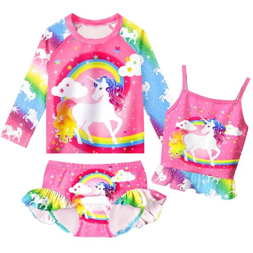 Image of Girls Kids Rash Guard Sets 3 Pieces Tankini Bathing Suit Swimwear Long Sleeves Swimsuit for 3-8 Years