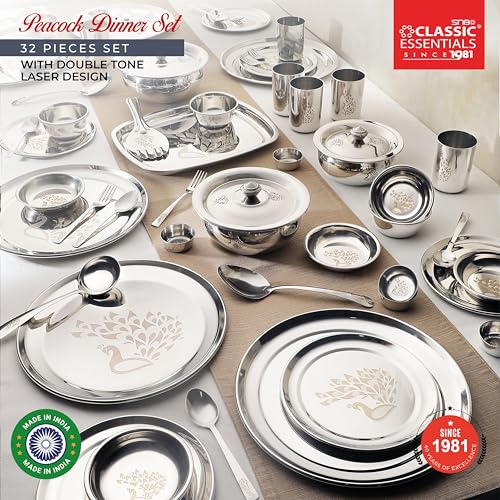 Image of Classic Essentials Stainless Steel Dinner Set|Serves 4 People|Heavy Gauge|Kitchen Set|Permanent Laser-Peacock, (Set of 32)