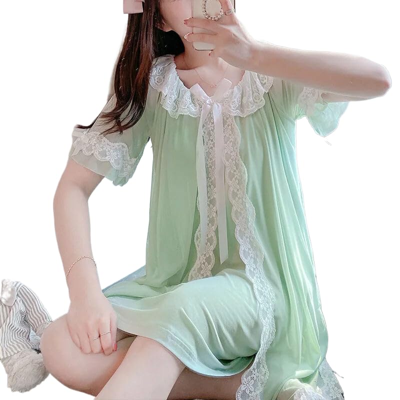 OFFSUM Camisón De Pijama De Mujer - Moda Encaje Bordado Cuello Redondo Ropa De Dormir Color Sólido Princesa Estilo Francés Tamaño Grande Lencería Casual Albornoz,Verde,XL