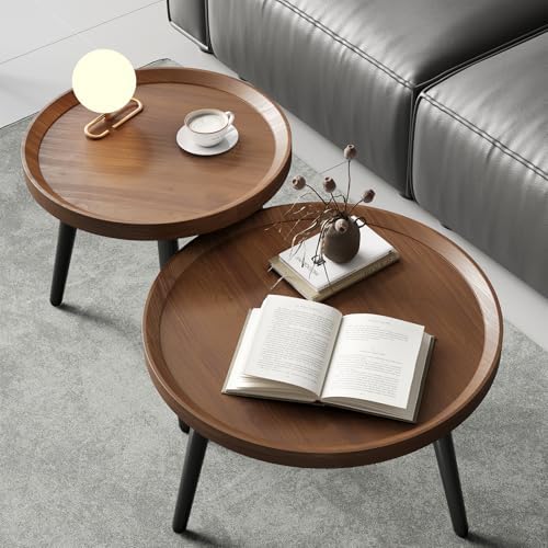 Small Round Coffee Table Set of 2, Walnut Coffee Tables for Livin...