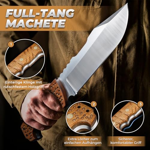 Purple Dragon Großes Outdoor Messer – 7mm Klingenrücken, Full Tang Survival Messer aus Hochkohlenstoffstahl, Machete mit Scheide, Ideal für Bushcraft, Camping, Holz hacken, Geschenk für Männer, Khaki