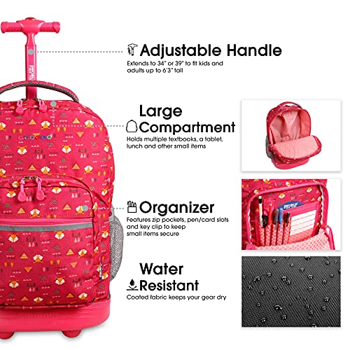 Image of J World Sunrise Kids Rolling Backpack with Wheels for Girls Boys, Roller Bookbag for School, 18 x 13 x 9 Inches, Fox