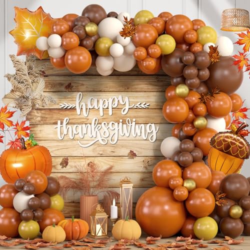 Thanksgiving Balloon Arch Kit Pumpkin Fall Balloon Arch Kit with Orange Coffee Brown White Garland for Fall Baby Shower Thanksgiving Decorations Autumn Birthday Party