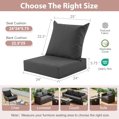 Image of Outdoor Deep Seat Cushion Set, 24x24 Inch Water-Resistant & Fade-Resistant Outdoor Chair Cushions, Patio Furniture Cushions with Removable Cover for Patio Chair, Sofa, Dark Grey (Set of 4)