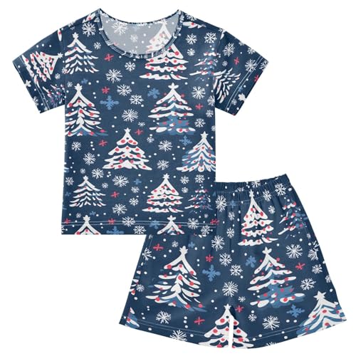ALAZA Christmas Tree Snowflake Blue Pajamas Set Short Sleeve Cotton Sleepwear Summer Pjs 2 Piece 5-14Y