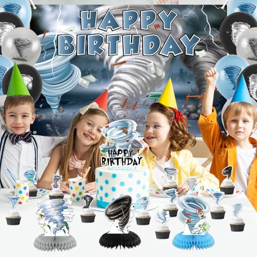 Image of Tornado Birthday Party Decorations - Tornado Party Supplies including Happy Birthday Banner, Spirals, Cake Toppers, Table Centerpieces, Balloons, Tablecloth (BJ)