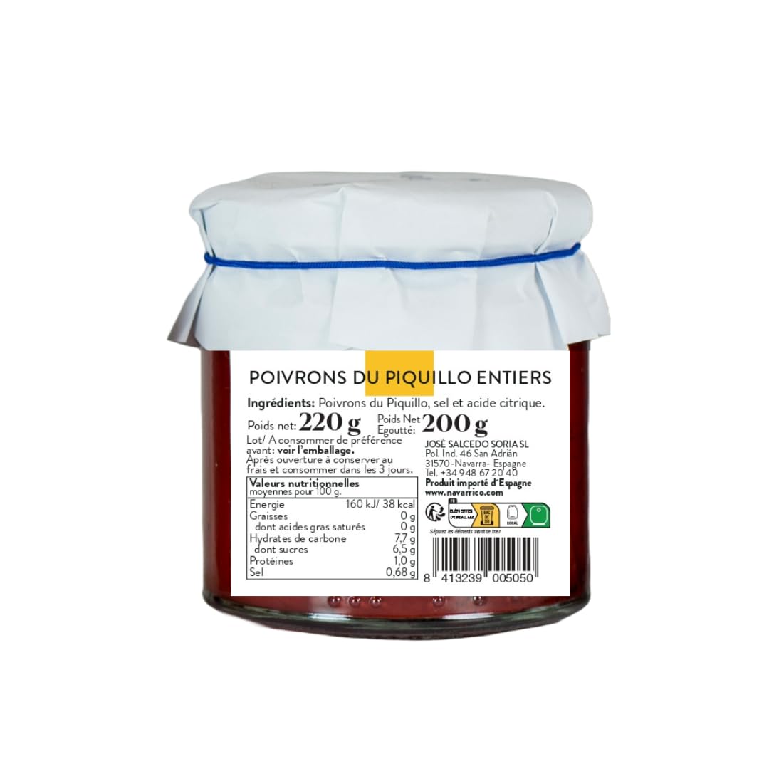 El Navarrico - Poivron Piquillo Lodosa Appellation d’origine | Agriculture traditionnelle | Naturel et Frais | Conditionnement de 220 g