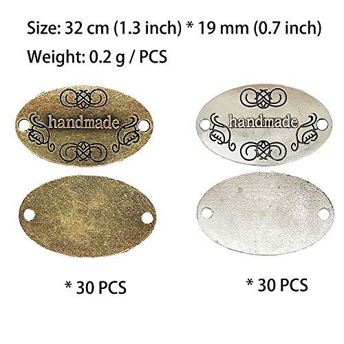 Juland 60Pcs Handmade Metal Tags Alloy Hand Made Pendant Bead Charm Metal Label Tag Signs For Diy Jewelry Making Crafts Findings Gift – 32X19Mm - Oval Silver +Bronze #TOP3