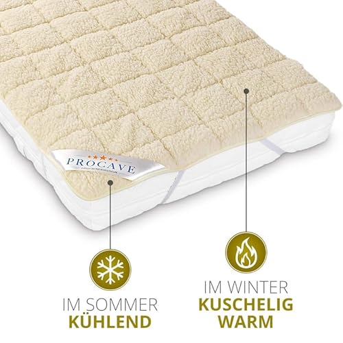 PROCAVE weiches Unterbett mit Lammflor und Schurwolle, hochwertige Matratzen-Topper, Matratzen-Schoner mit 4 Eckgummis, Matratzen-Auflage 160x220 cm