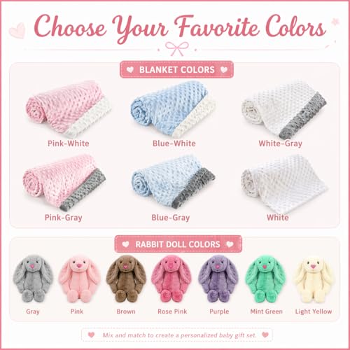 Image of Personalized Baby Blanket with Bunny Set for Baby Girl Gift | Custom Baby Blanket with Name, Customized Blankets & Rabbit Gift Set for Birthday, Flannel Dot Swaddle for Baby Shower Gifts