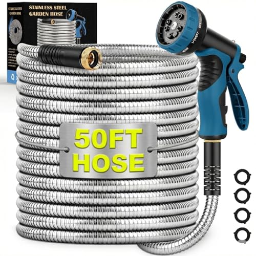 Garden Hose 50FT, Water Hose with 10 Function Nozzle, Garden Hose Metal with Leak-proof Connectors,...