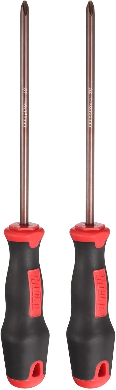 HARFINGTON 2pcs PH2 Phillips Screwdriver #2 10.63" Magnetic Screwdrivers 4.72" Heat-Treated S2 Alloy Steel with Ergonomic Handle for DIY Repairing, Red Brown