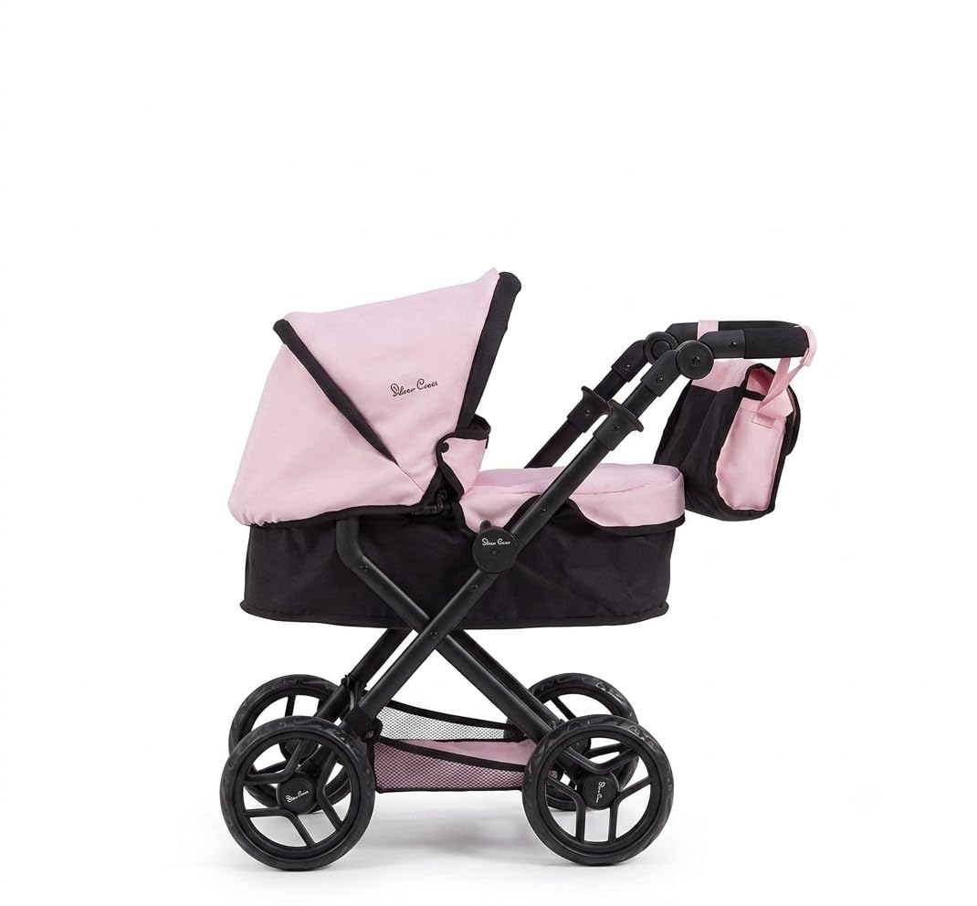 Silver Cross Ranger baby Doll Pram, Toy Pram for Dolls up to 50cm, with Shoulder Bag, white and black colour, 63.5L x 42W x 43-74H cm