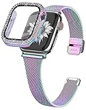 Joyozy Slim Stainless Steel Band Compatible with Apple Watch 38mm 40mm 41mm 42mm 44mm 45mm 46mm Milanese Strap with Bling Glitter Case Built-in Screen Protector Dressy Bracelet Band for Women(Rainbow 45mm)