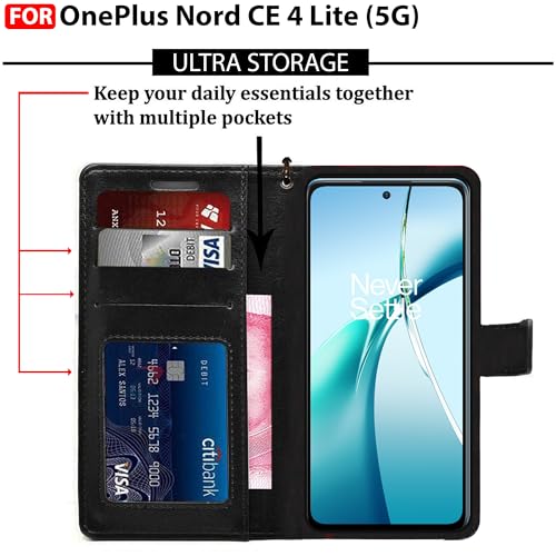 Image of CEDO Flip Cover for OnePlus Nord CE 4 Lite / CE4 Lite (5G) | Leather Finish | Inside Pockets & Inbuilt Stand | Shockproof Wallet Style Magnetic Closure Back Case Flipcover (Black)