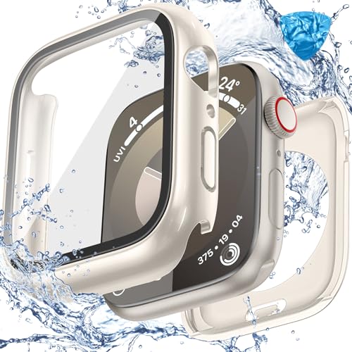 Image of 3 in 1 Goton Waterproof Hard Case for Apple Watch Screen Protector 45mm, 360 Slim Full Protective Tempered Glass Face Cover + Back Hard PC Bumper for iWatch Series 9 /8 /7, 45mm Starlight