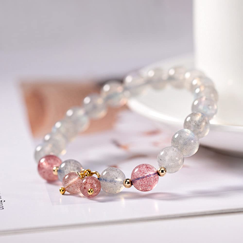 Girls Accessories Bracciale in Argento Sterling 925 Vintage per Donna Semplice Cristallo di Fragola Perline di Pietra di Luna Fascino Classico di Gioielli Spiaggia Estiva Birthday Gift