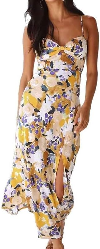 JSEIAJB Sleeveless Slit Suspenders Skirt High Waist V-Neck Dress Fashion Beach Backless Dress