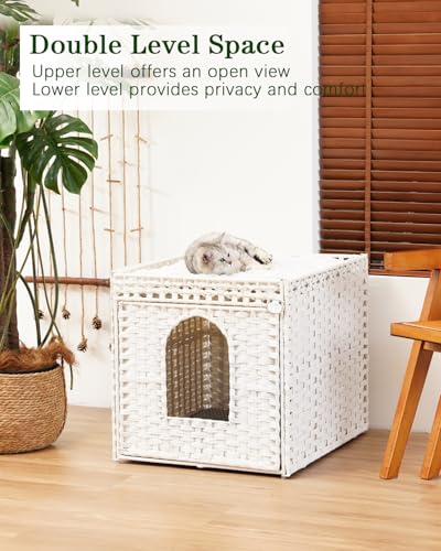 Image of SETVSON Cat Litter Box Enclosure Furniture, Large PE Rattan, White | Large PE Rattan Kitty House fits Large Litter Boxes, Top Fence, Included Litter Mat, 2 S-Hooks, Sturdy Metal Frame