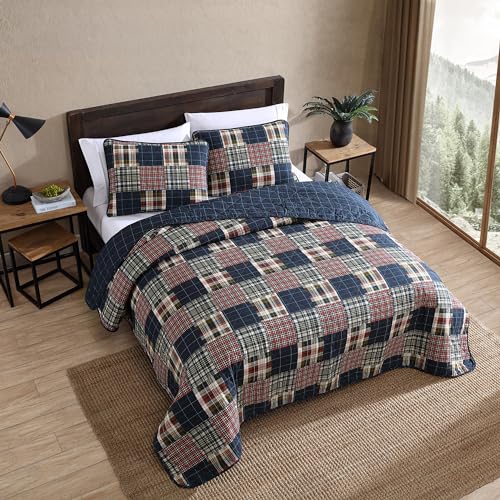 Image of Eddie Bauer - Twin Quilt Set with Sham, Reversible Cotton Bedding, Lightweight All-Season, Dorm Room Essentials, Madrona Plaid Navy /Red