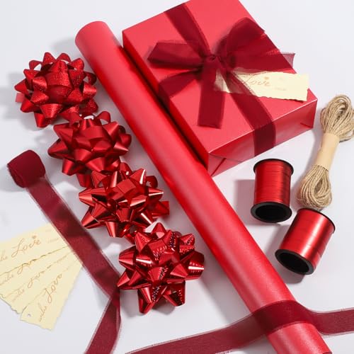 DYSHIPEN 17 Wrapping Paper Rolls with Gift Bows Crimped Curling Ribbons Silk Like Satin Ribbon and Gift Tags For Christmas Gift Wrapping Birthday Baby Shower Wedding(16.4 Ft). (Red 17 Inch)