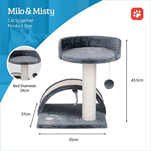 Milo & Misty Cat Bed  Cat Scratching Post and Bed, 43.5cm Small Cat Climbing Frame with Bed, Sisal Scratch Post, Play Bridge and Hanging Toys for Indoor Cats and Kittens  Grey