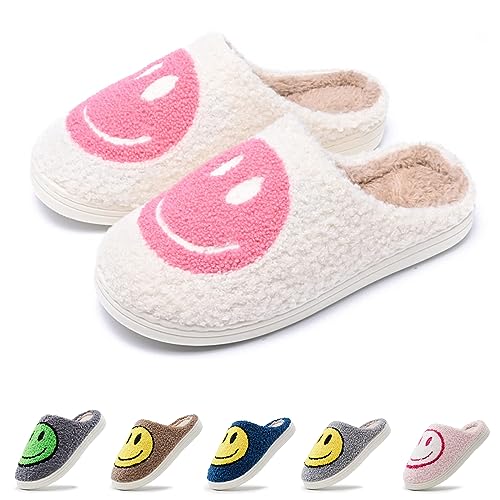 rosyclo Smile Face Slippers Retro Soft Plush Cozy House Slippers Slip-on Fluffy Indoor Outdoor Smile Slippers for Women and Men