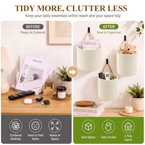 Image of Honeydak 3 Hanging Baskets, White, Cylinder, Cotton Rope