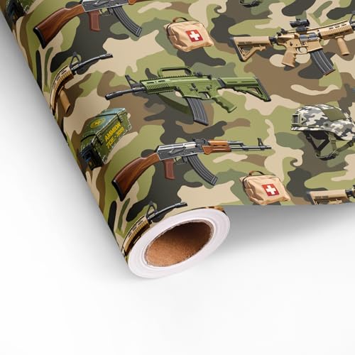 Altarho Gun Wrapping Paper Roll - Military Gift Wrap Shooting Game Design for Birthday Camo Party Veterans Day Total 28.5 sq.ft