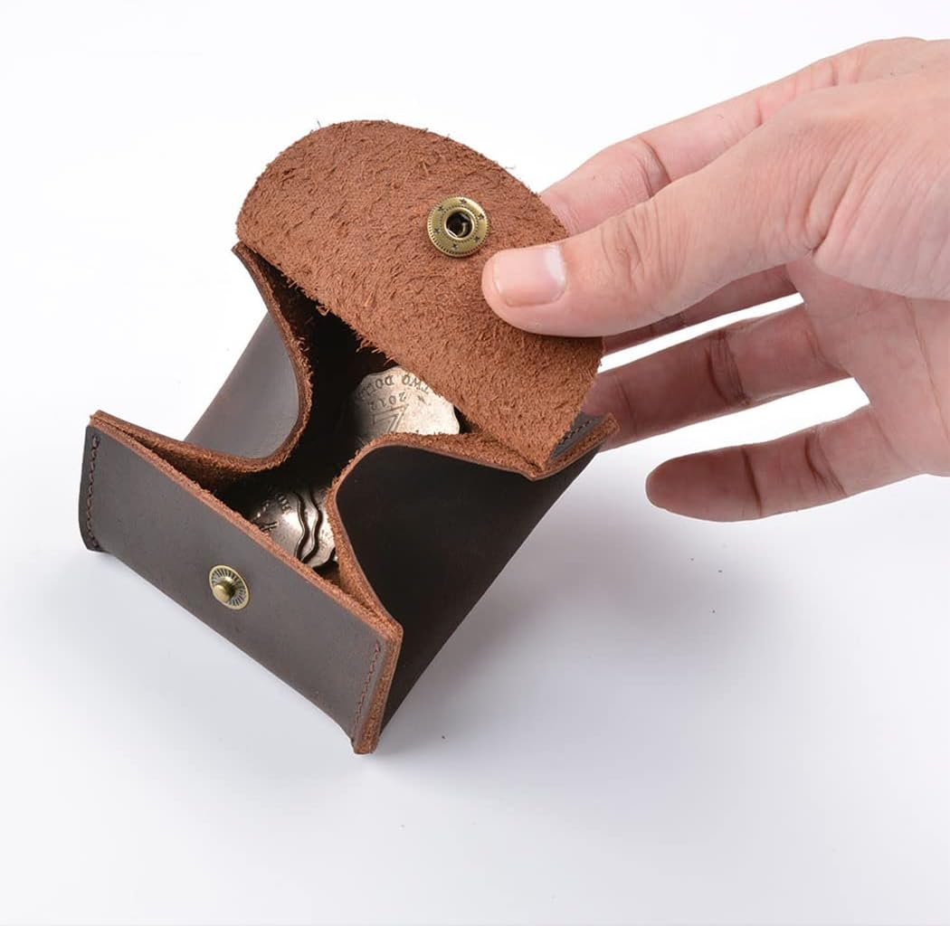 Genuine Leather Squeeze Coin Purse Pouch Rustic Moon Pocket Coin Case Mini Coin Tray Purse with Leather Snap Button – Dark Brown